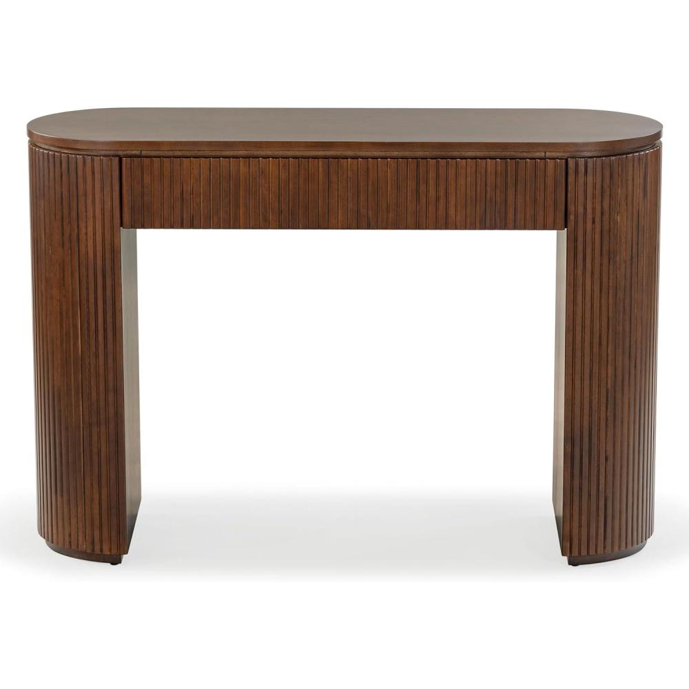 image:imageSAFAVIEH Couture Collection Rikki Walnut Brown Fluted Oval Top 1Drawer Console TableWalnut