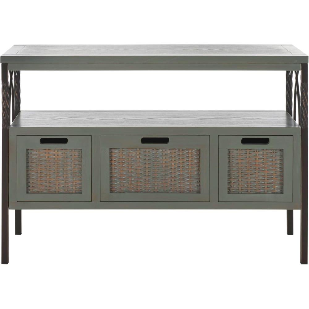 image:imageSAFAVIEH Home Collection Joshua Ash Grey 3Drawer Console Table with Shelf Wicker Front Storage Drawers FarmhouseInspired Accent Console for Entryway or Living Room AMH6532BAsh Grey
