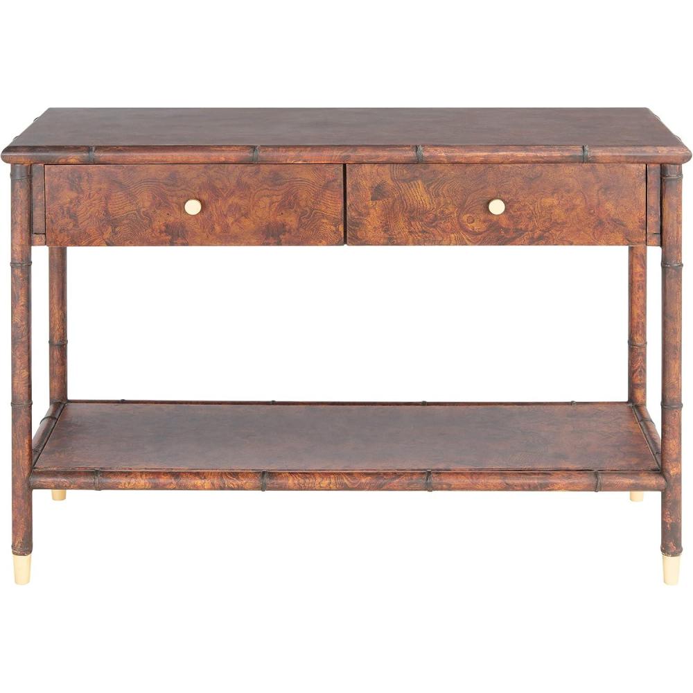 image:imageSAFAVIEH Home Collection Tudor Dark BrownGold 2Drawer Lower Shelf Console Table Fully Assembled