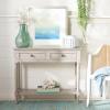 SAFAVIEH Home Collection – Tate Distressed White 2-Drawer Console Table with Shelf, Turned Leg Farmhouse Accent Console for Entryway or Living Room (CNS5720A)(Greige)