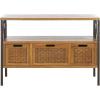 SAFAVIEH Home Collection – Joshua Ash Grey 3-Drawer Console Table with Shelf, Wicker Front Storage Drawers, Farmhouse-Inspired Accent Console for Entryway or Living Room (AMH6532B)(Oak)
