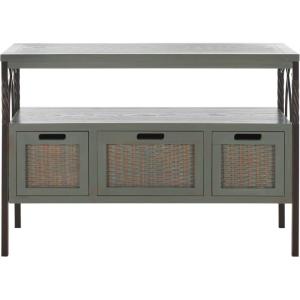 SAFAVIEH Home Collection – Joshua Ash Grey 3-Drawer Console Table with Shelf, Wicker Front Storage Drawers, Farmhouse-Inspired Accent Console for Entryway or Living Room (AMH6532B)(Ash Grey)
