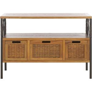 SAFAVIEH Home Collection – Joshua Ash Grey 3-Drawer Console Table with Shelf, Wicker Front Storage Drawers, Farmhouse-Inspired Accent Console for Entryway or Living Room (AMH6532B)(Oak)