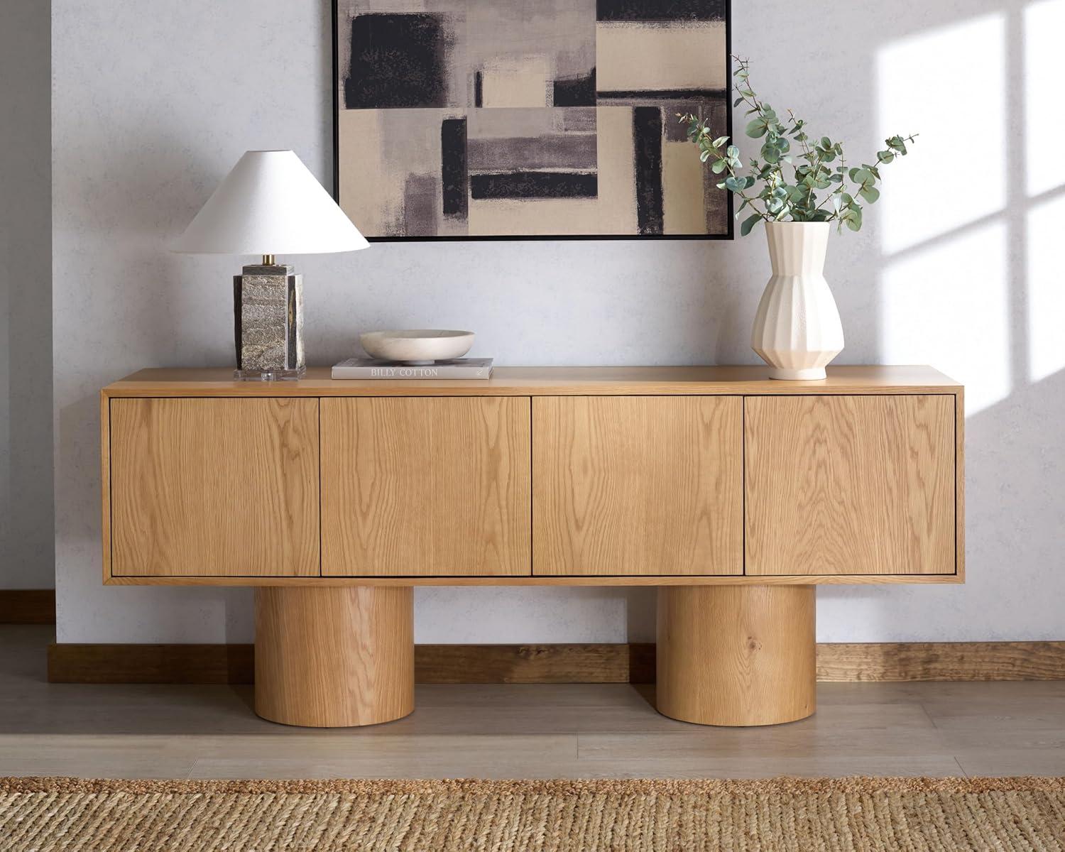 image:imageSAFAVIEH Couture Collection Alberti Natural Brown Wood Sideboard Modern Storage Cabinet with Sculptural Cylinder Base Fully Assembled SFV4254BNatural
