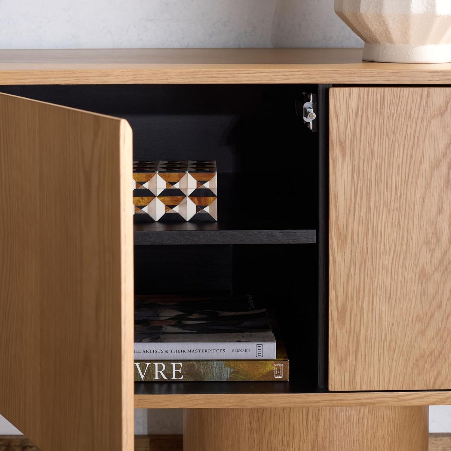 image:imageSAFAVIEH Couture Collection Alberti Natural Brown Wood Sideboard Modern Storage Cabinet with Sculptural Cylinder Base Fully Assembled SFV4254BNatural