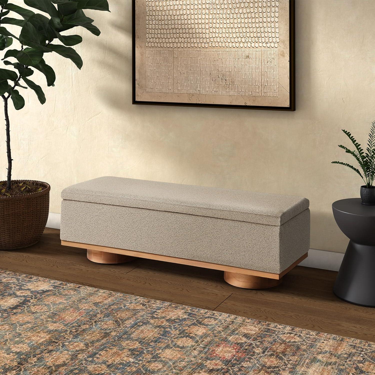 image:imageSAFAVIEH Couture Collection Vianna Boucle Storage Bench Black Upholstered Bench with Natural Wood Legs Modern Entryway Bedroom Accent Seating SFV5049CBrownNatural