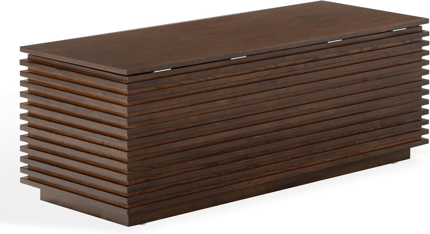 image:imageSAFAVIEH Couture Collection Zuzu Walnut Brown Wood Storage Bench Modern Slatted Design with LiftTop Compartment SFV4258AWalnut
