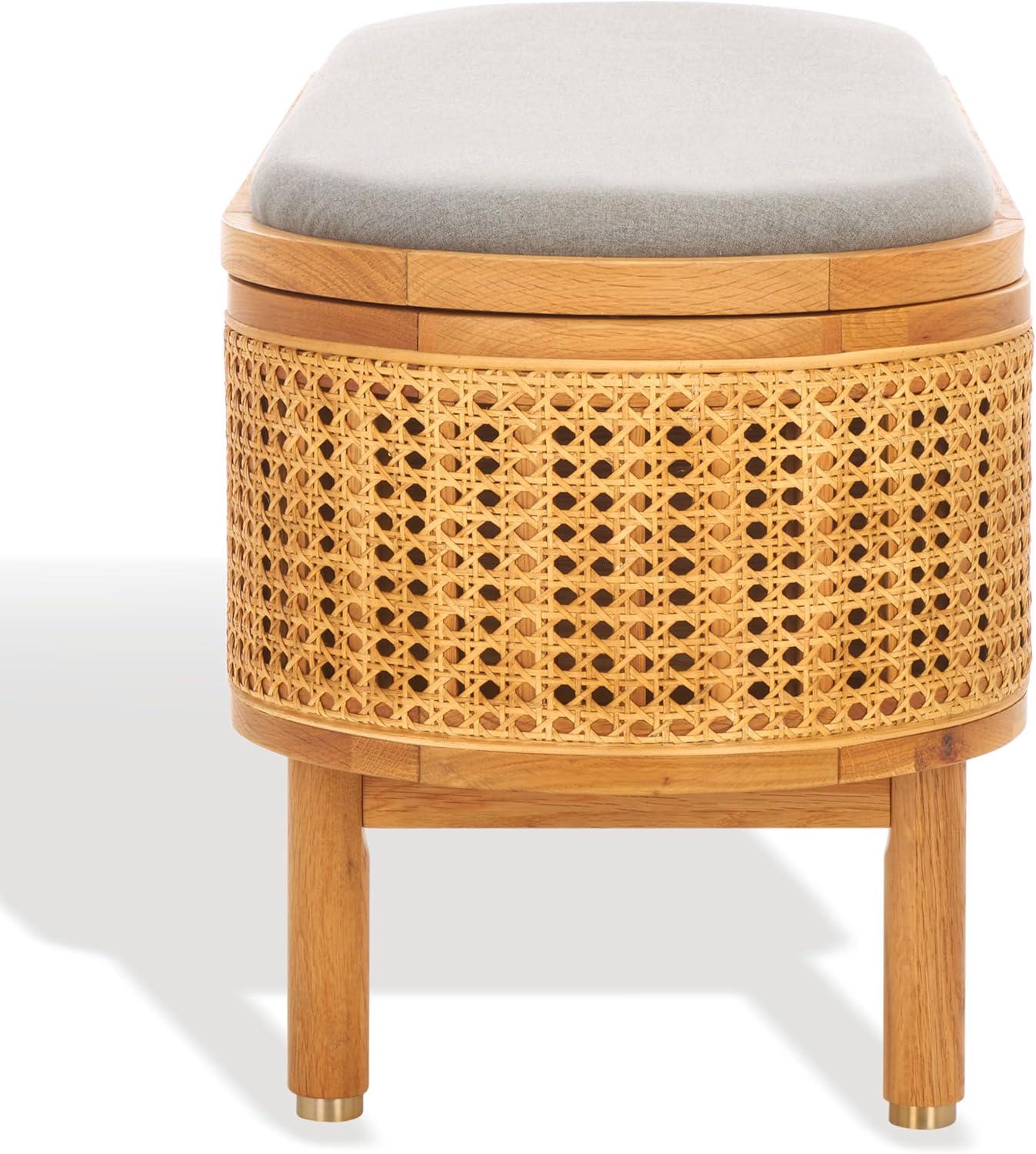 image:imageSAFAVIEH Couture Collection Dolly Coastal Natural CaneGrey Linen Cushion Seat Oval Storage Bench