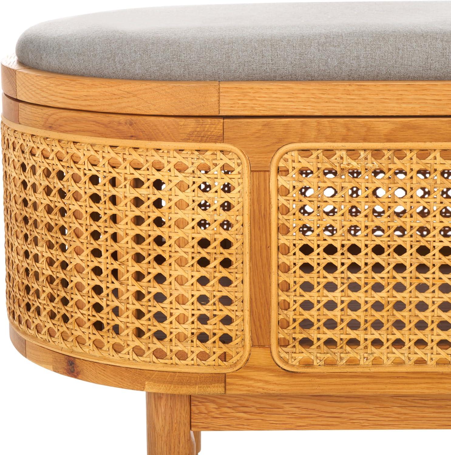 image:imageSAFAVIEH Couture Collection Dolly Coastal Natural CaneGrey Linen Cushion Seat Oval Storage Bench