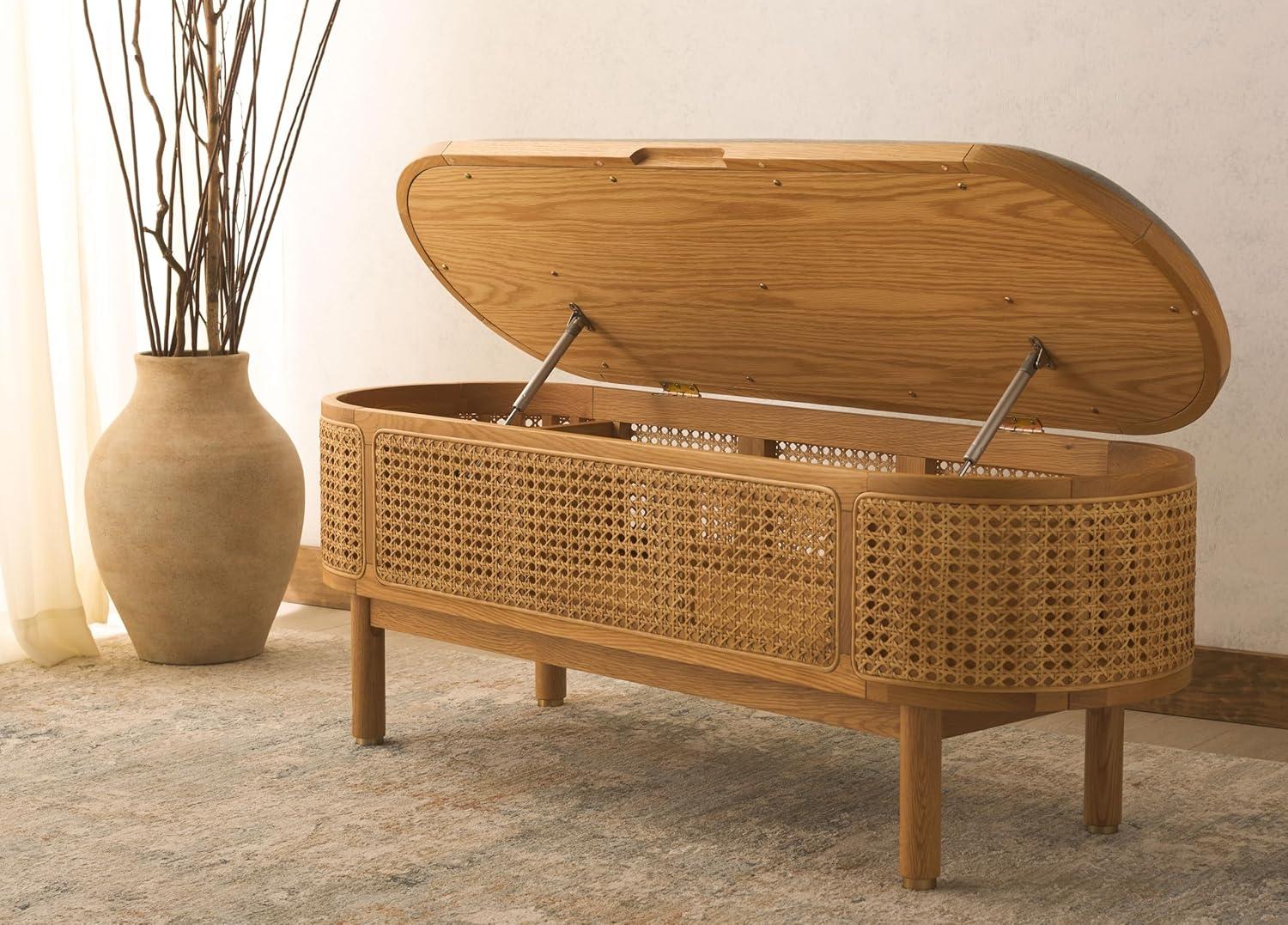 image:imageSAFAVIEH Couture Collection Dolly Coastal Natural CaneGrey Linen Cushion Seat Oval Storage Bench
