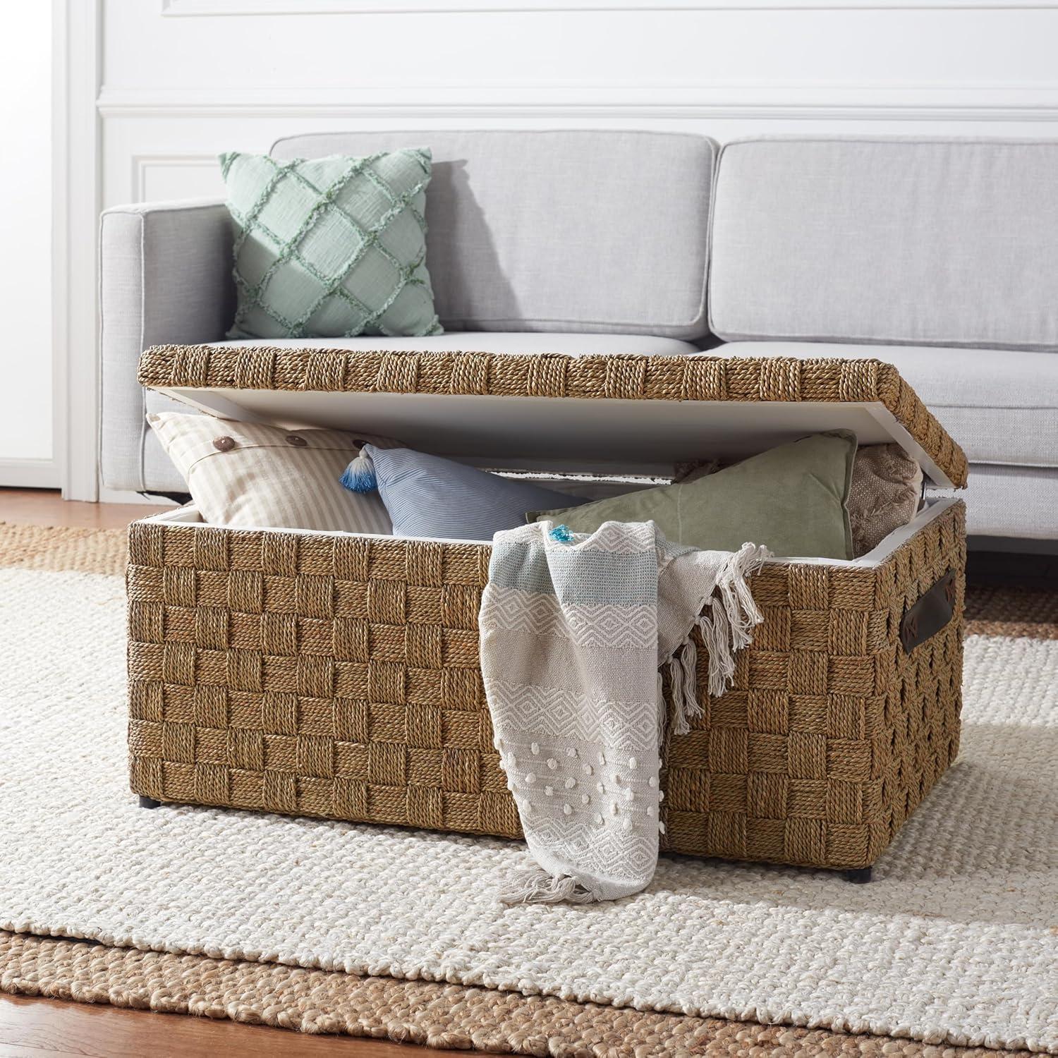 image:imageSAFAVIEH Home Collection Ashban Natural Seagrass Rectangular Rattan Storage Trunk Bench with Side Handles Fully Assembled SEA7036A