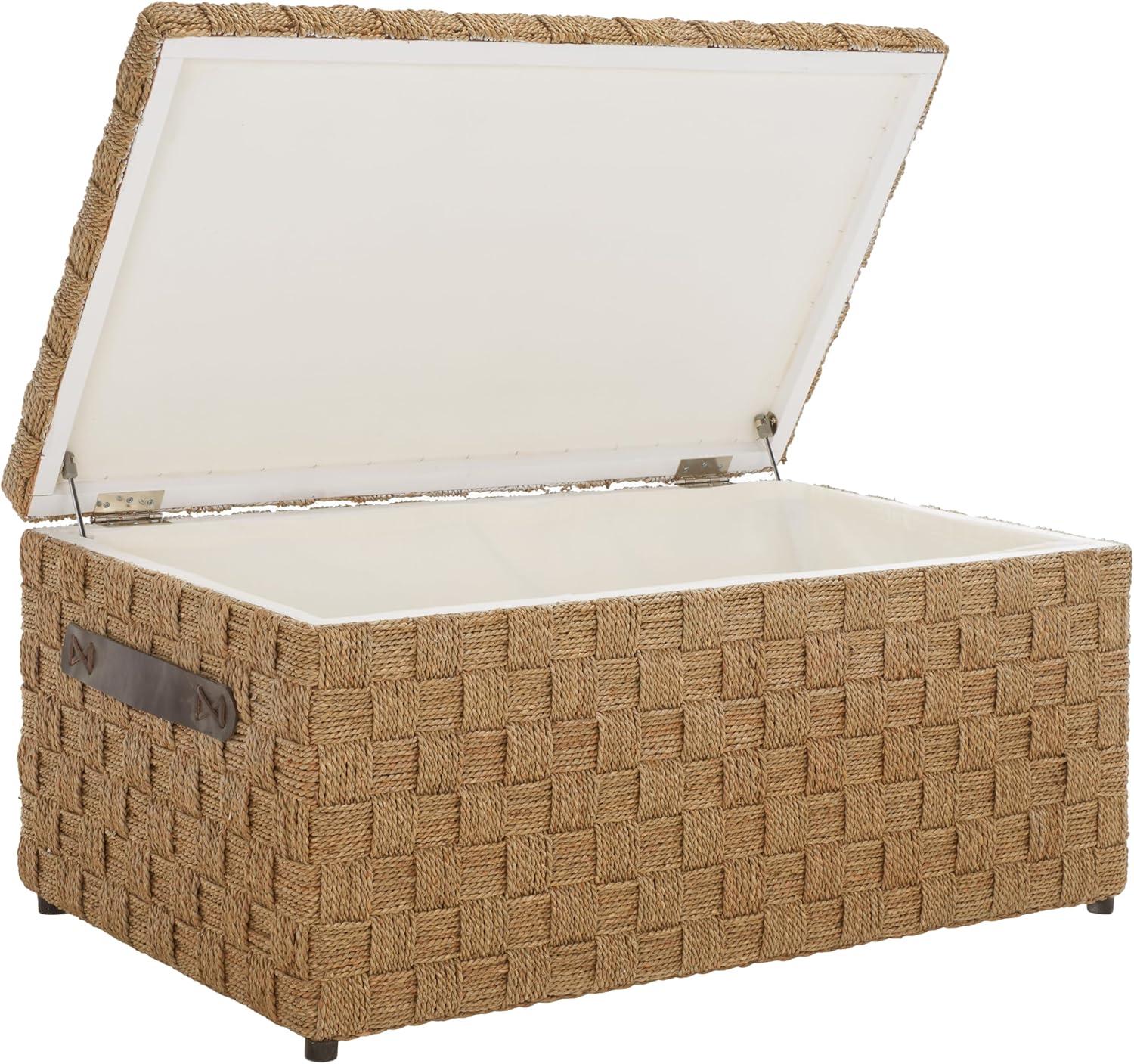 image:imageSAFAVIEH Home Collection Ashban Natural Seagrass Rectangular Rattan Storage Trunk Bench with Side Handles Fully Assembled SEA7036A