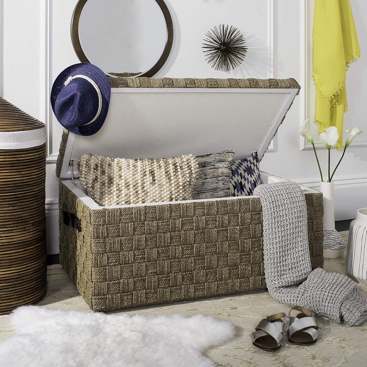 image:imageSAFAVIEH Home Collection Ashban Natural Seagrass Rectangular Rattan Storage Trunk Bench with Side Handles Fully Assembled SEA7036A