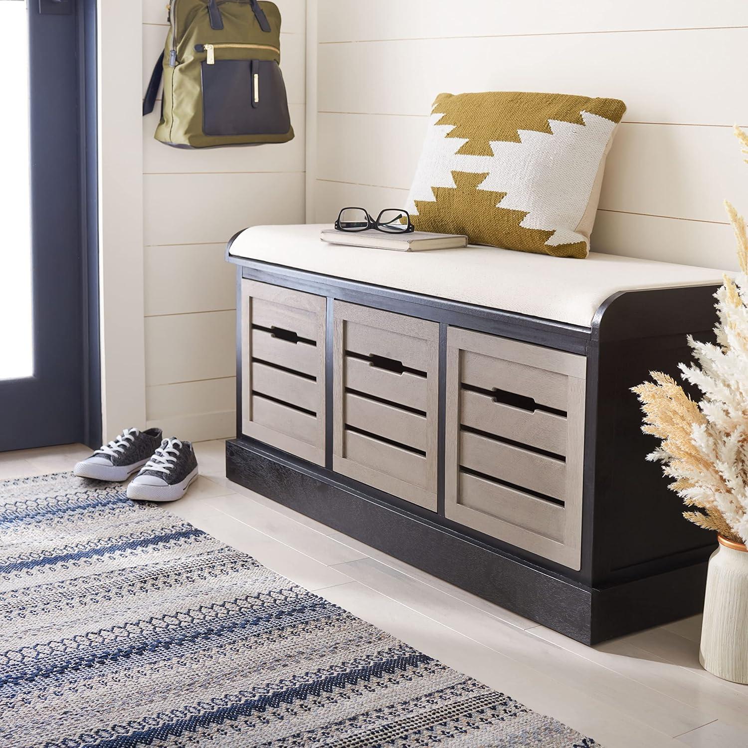 image:imageSAFAVIEH Home Collection Briar 3Drawer Upholstered Storage Bench Farmhouse Entryway Accent Bench with Cushion Top Distressed Grey Frame amp Sand Drawer Fronts BCH5700CBlackGreige