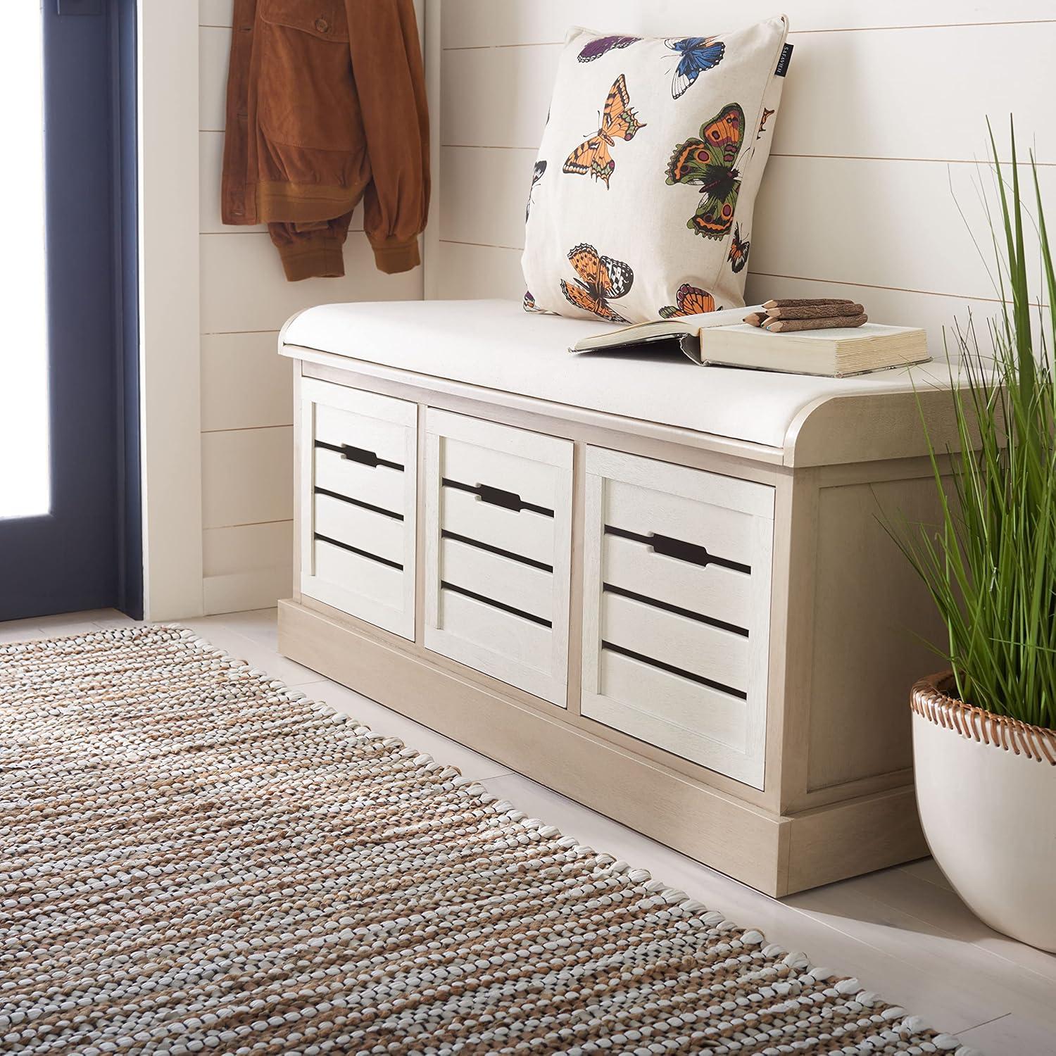 image:imageSAFAVIEH Home Collection Briar 3Drawer Upholstered Storage Bench Farmhouse Entryway Accent Bench with Cushion Top Distressed Grey Frame amp Sand Drawer Fronts BCH5700CSandDistressed White