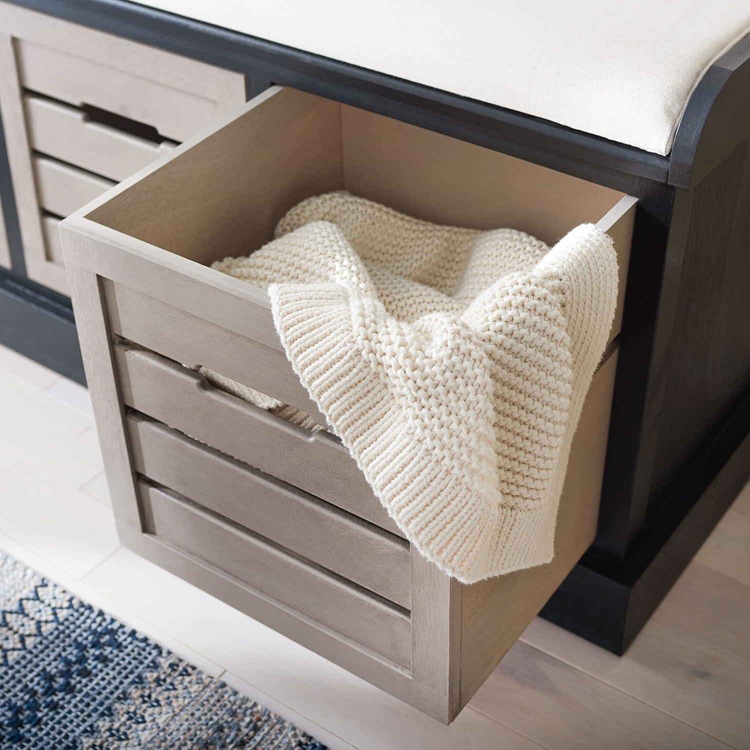 image:imageSAFAVIEH Home Collection Briar 3Drawer Upholstered Storage Bench Farmhouse Entryway Accent Bench with Cushion Top Distressed Grey Frame amp Sand Drawer Fronts BCH5700CBlackGreige