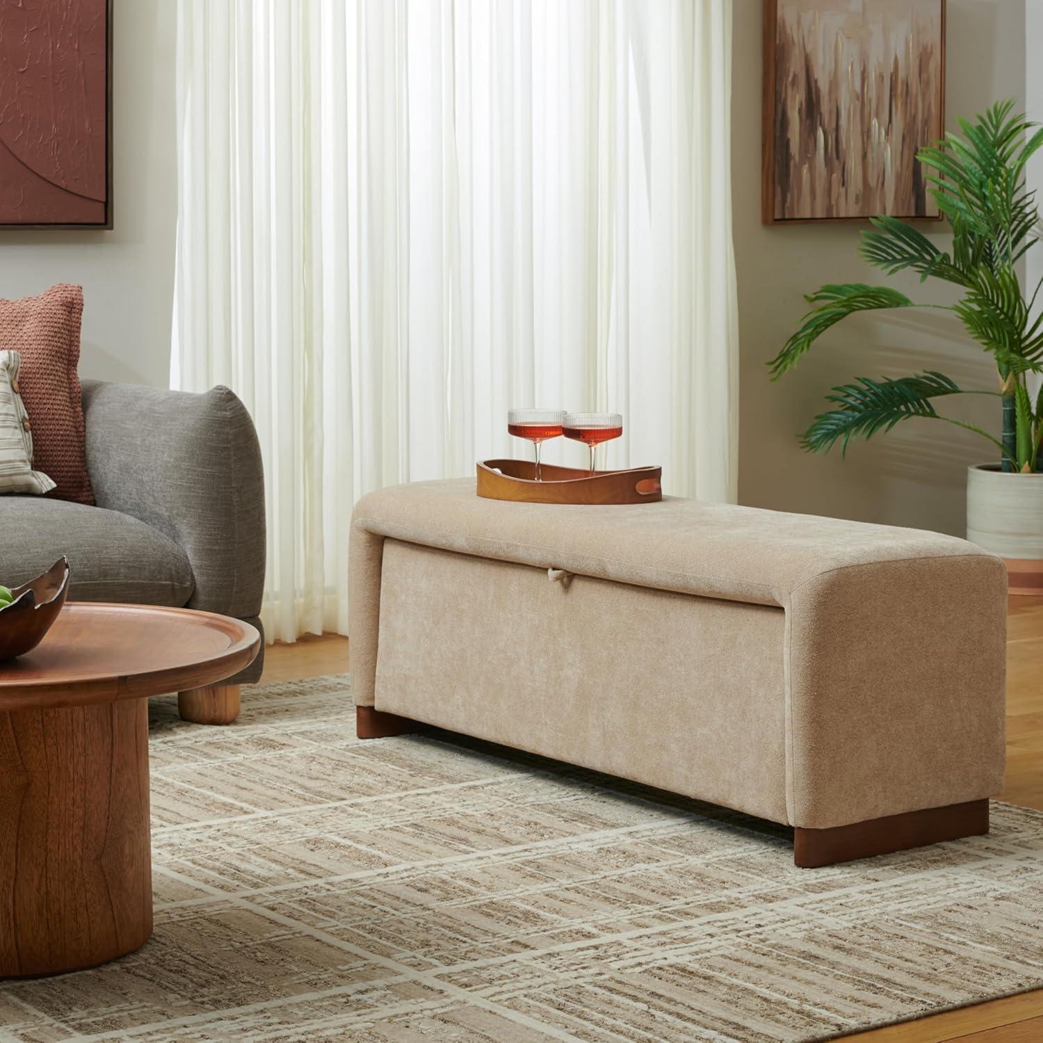 image:imageSAFAVIEH Home Collection Kowal Sand Linen Storage Bench Modern Upholstered Entryway or Bedroom Bench with Hidden Compartment BCH1301ASand