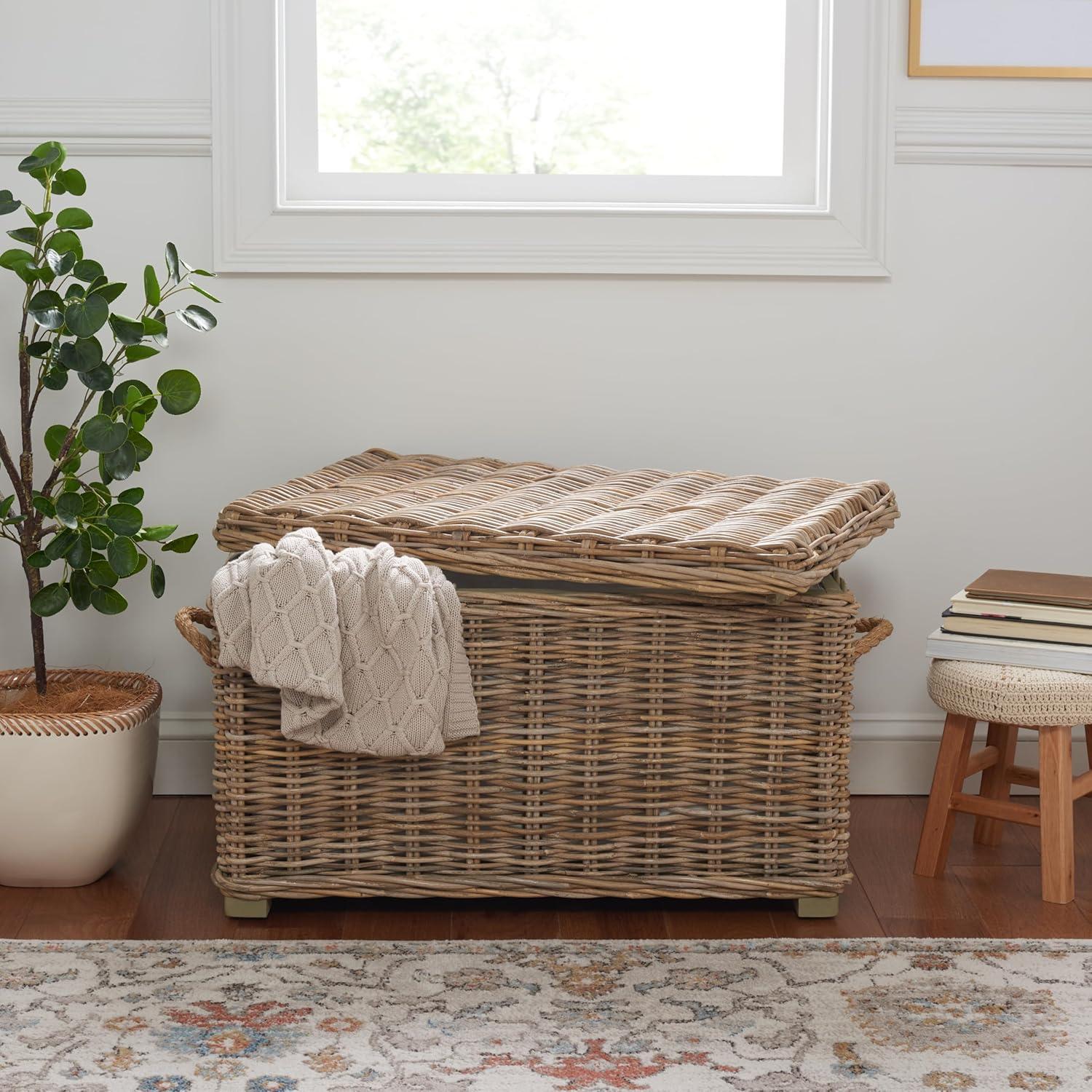 image:imageSAFAVIEH Home Collection Salim Grey Rattan Storage Trunk with Handles Woven Wicker Storage Chest for Living Room Bedroom or Den Fully Assembled SEA7019A