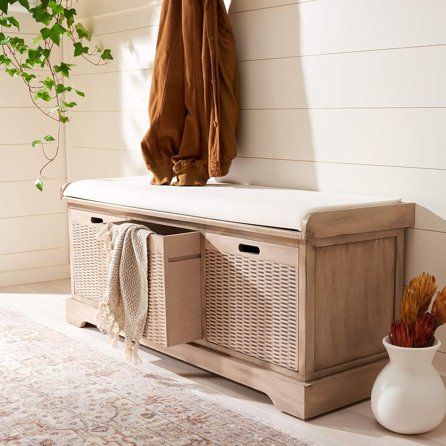 image:imageSAFAVIEH Home Collection Landers Distressed White 3DrawerCushion Storage Bench Fully Assembled BCH5703ASand