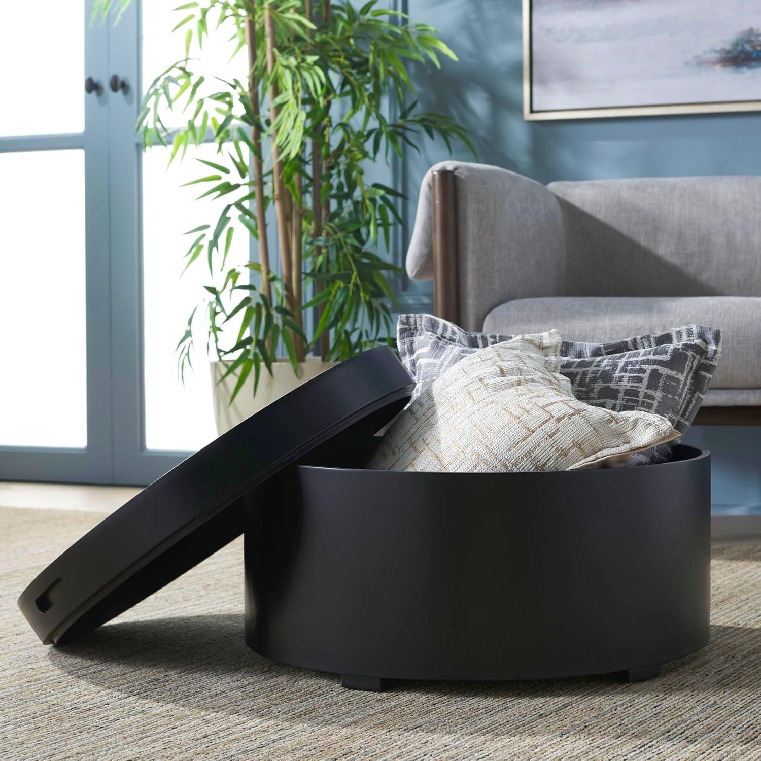 image:imageSAFAVIEH Home Collection Rafaela Black Round Tray Top Storage Coffee Table Fully AssembledBlack