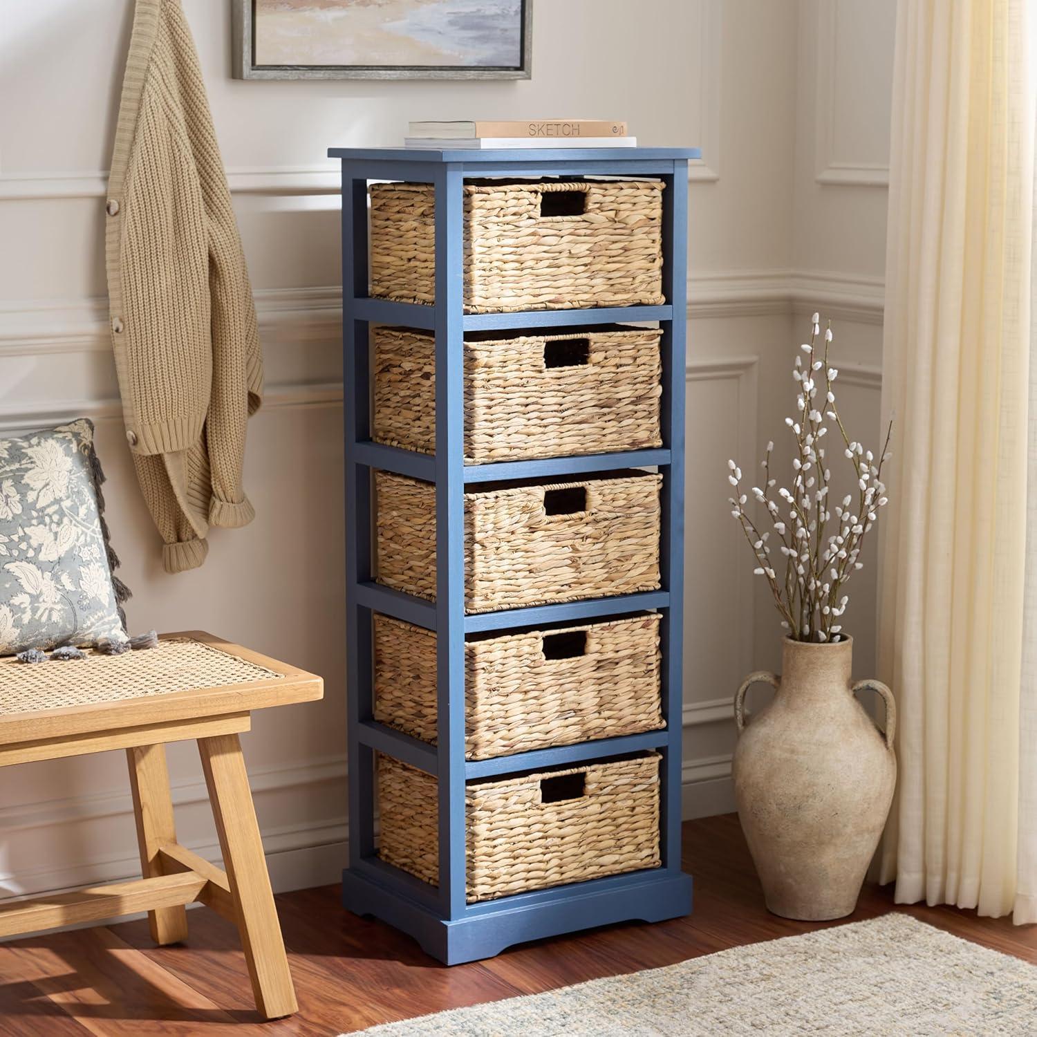 image:imageSAFAVIEH Home Collection Vedette Distressed Black 5Drawer Wicker Basket Storage Tower Fully AssembledBlue