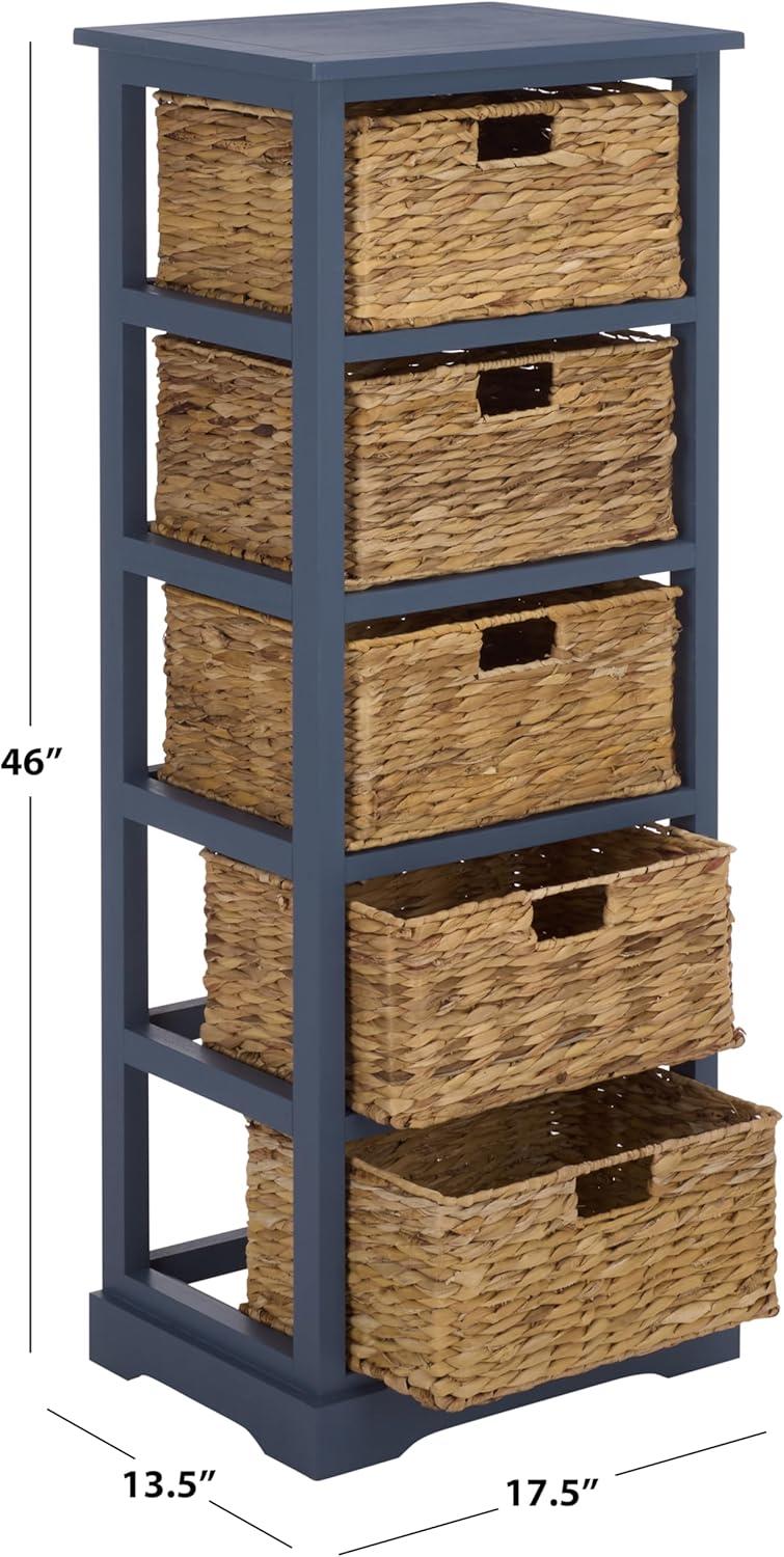 image:imageSAFAVIEH Home Collection Vedette Distressed Black 5Drawer Wicker Basket Storage Tower Fully AssembledBlue