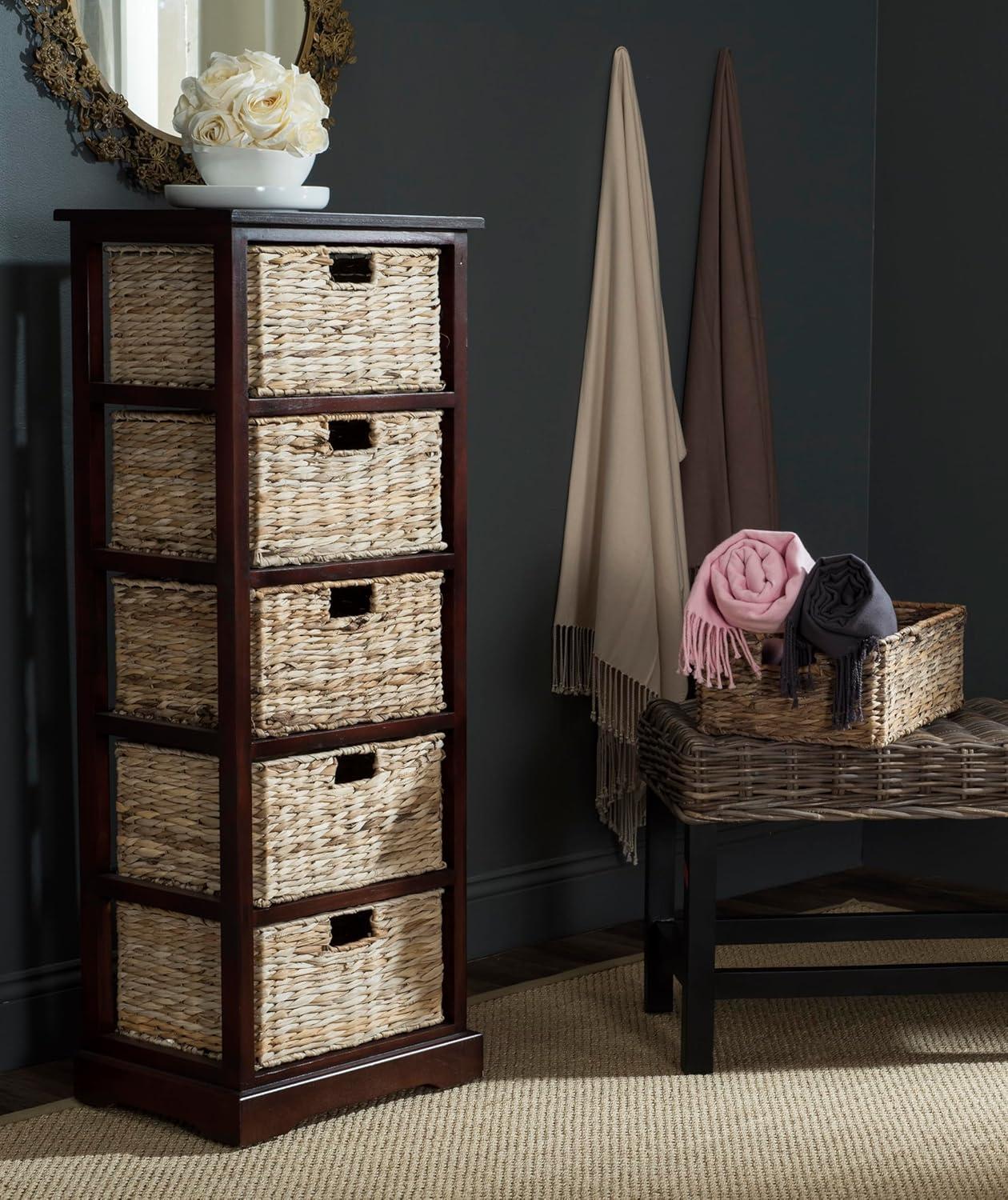 image:imageSAFAVIEH Home Collection Vedette Distressed Black 5Drawer Wicker Basket Storage Tower Fully AssembledCherry