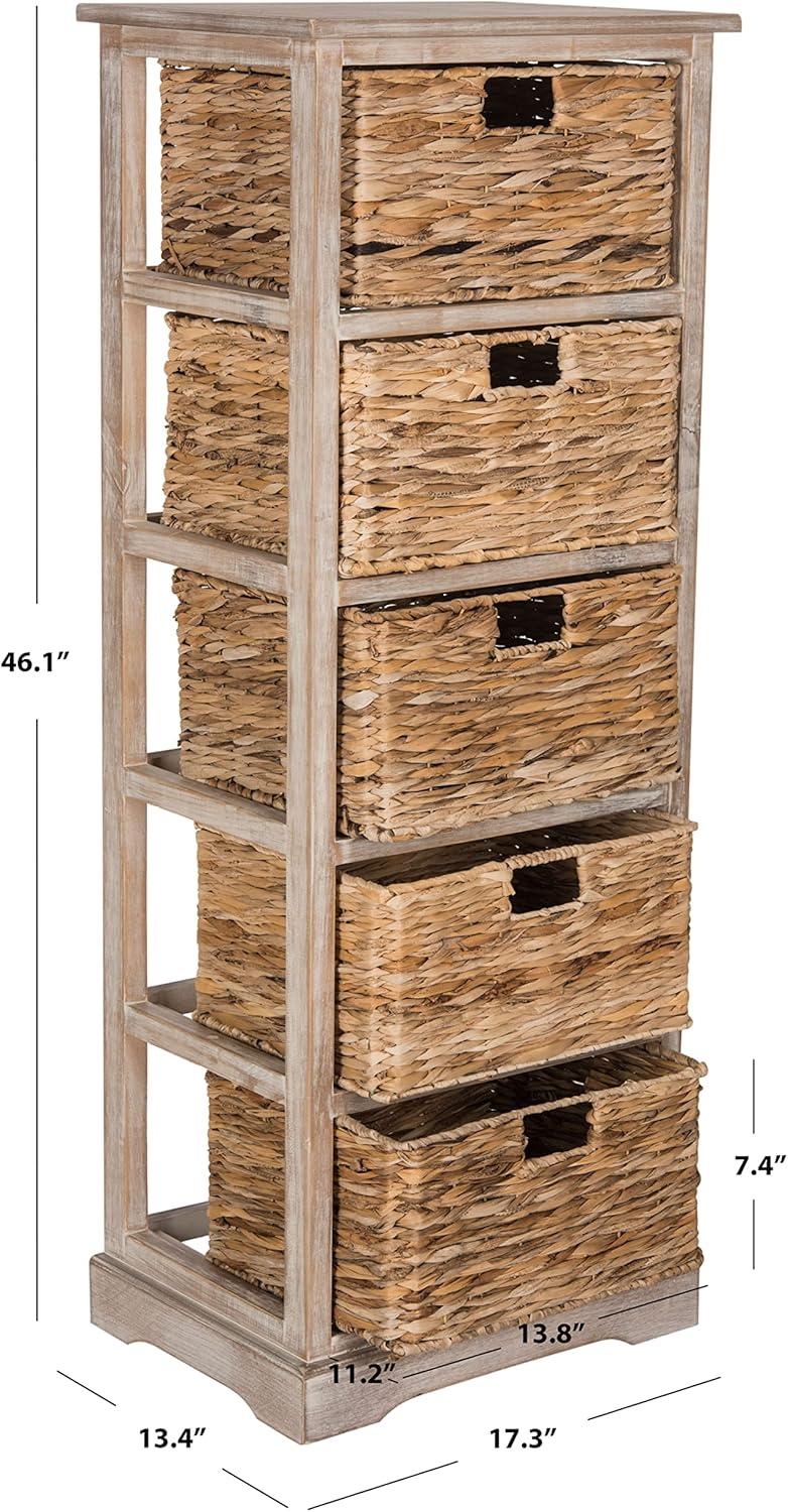 image:imageSAFAVIEH Home Collection Vedette Distressed Black 5Drawer Wicker Basket Storage Tower Fully AssembledWhite Washed