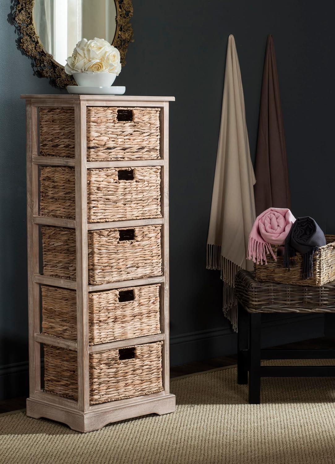 image:imageSAFAVIEH Home Collection Vedette Distressed Black 5Drawer Wicker Basket Storage Tower Fully AssembledWhite Washed