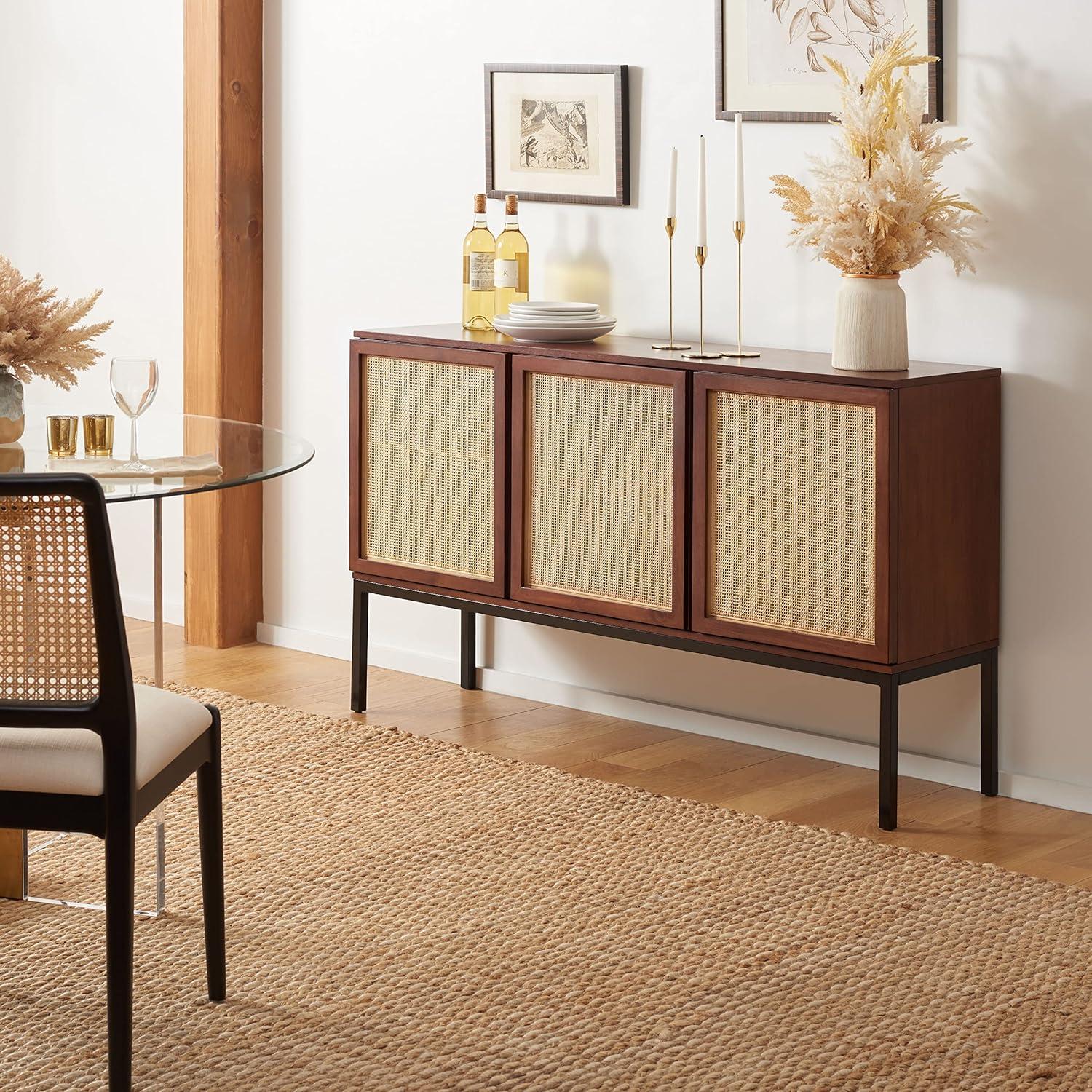 image:imageSafavieh Home Collection Zadie Coastal BlackNatural Rattan 3Door Storage SideboardWalnutNatural