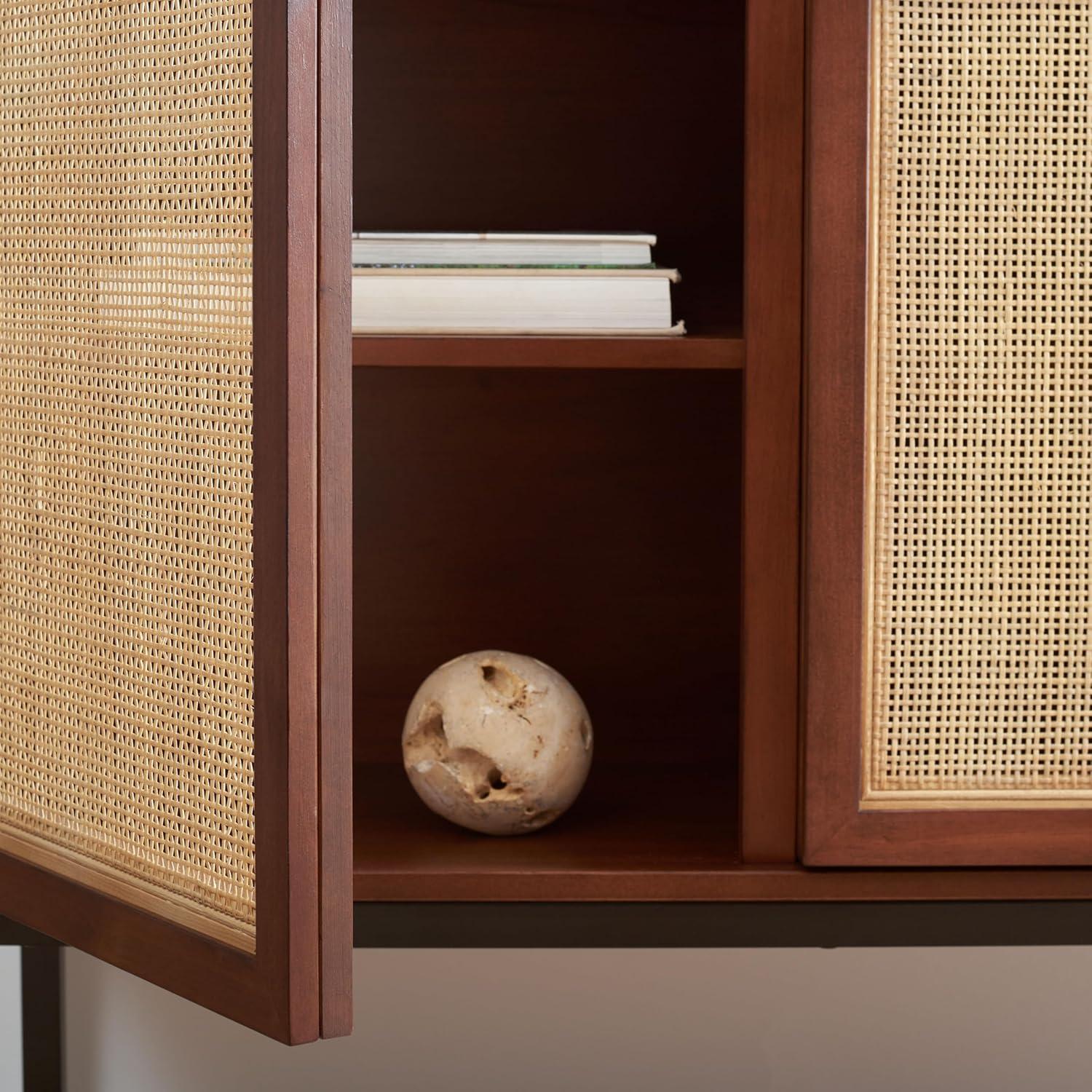 image:imageSafavieh Home Collection Zadie Coastal BlackNatural Rattan 3Door Storage SideboardWalnutNatural
