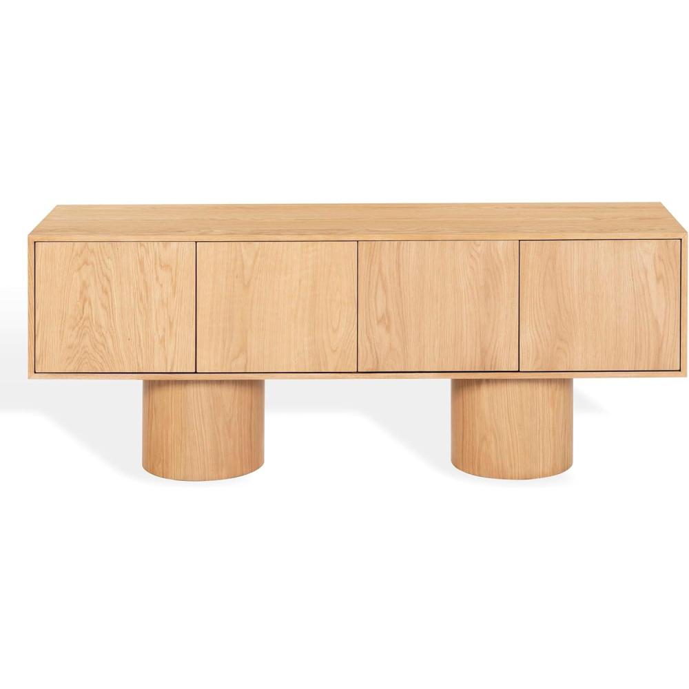 image:imageSAFAVIEH Couture Collection  Alberti Natural Brown Wood Sideboard Modern Storage Cabinet with Sculptural Cylinder Base Fully Assembled SFV4254BNatural