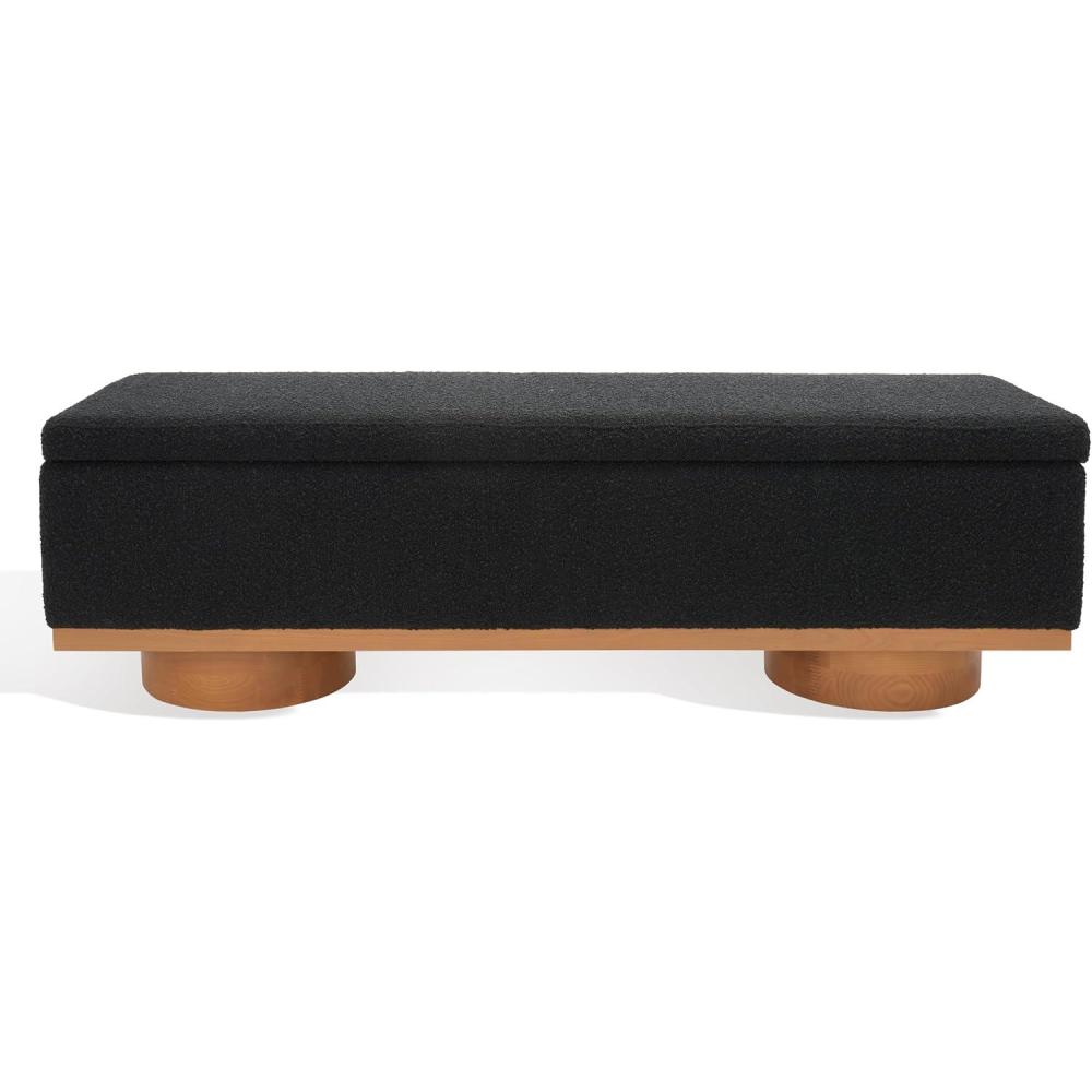 image:imageSAFAVIEH Couture Collection Vianna Boucle Storage Bench Black Upholstered Bench with Natural Wood Legs Modern Entryway Bedroom Accent Seating SFV5049CBlackNatural