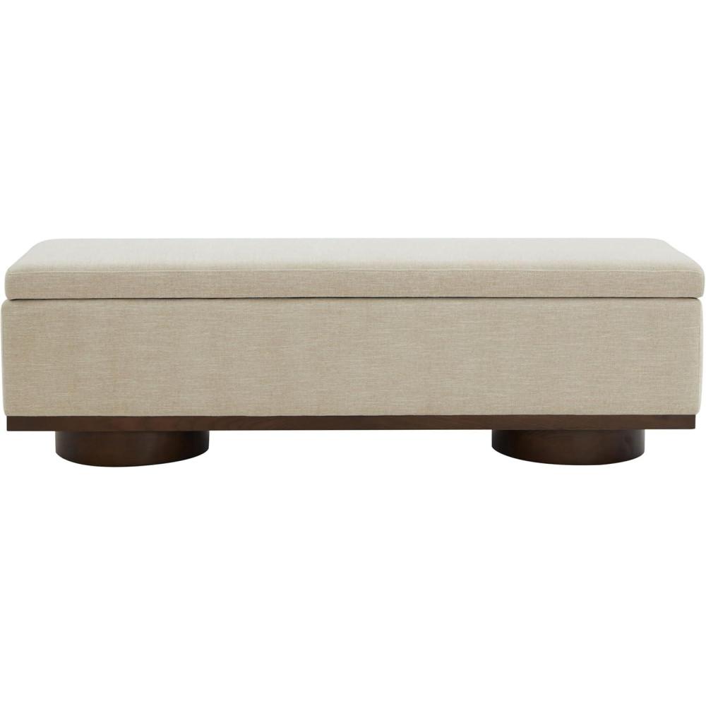 image:imageSAFAVIEH Couture Collection Vianna Boucle Storage Bench Black Upholstered Bench with Natural Wood Legs Modern Entryway Bedroom Accent Seating SFV5049CBeigeWalnut