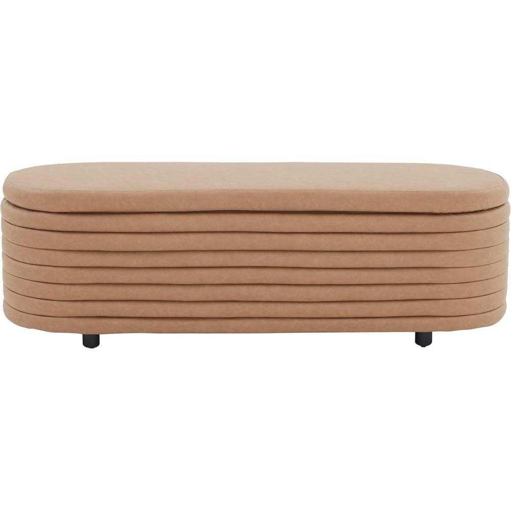 image:imageSAFAVIEH Couture Collection Jaymie Contemporary Taupe LinenBlack Oval Storage BenchCamelBlack