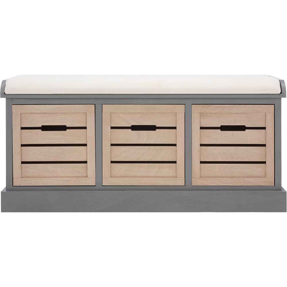 image:imageSAFAVIEH Home Collection Briar 3Drawer Upholstered Storage Bench Farmhouse Entryway Accent Bench with Cushion Top Distressed Grey Frame amp Sand Drawer Fronts BCH5700CDistressed GreySand