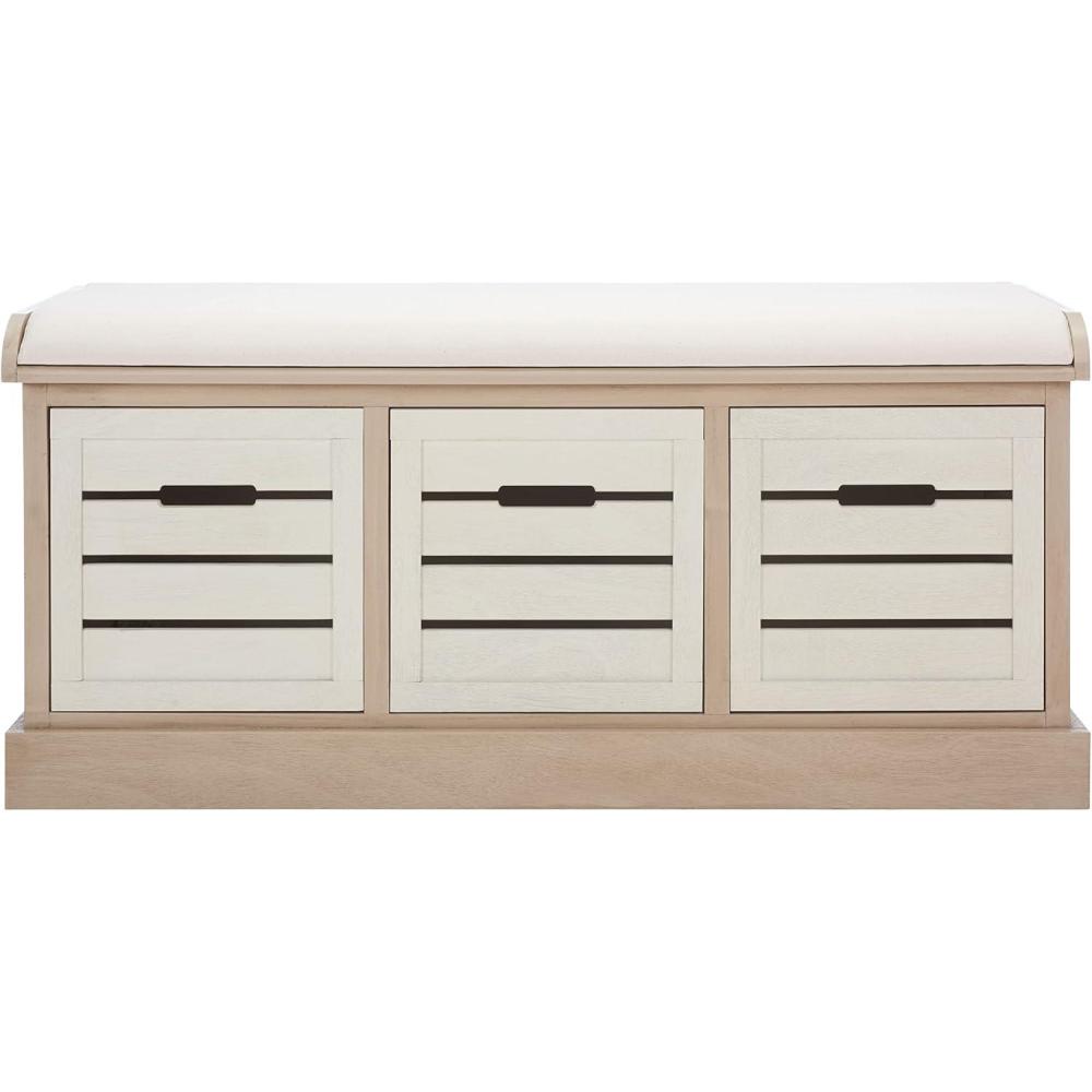 image:imageSAFAVIEH Home Collection Briar 3Drawer Upholstered Storage Bench Farmhouse Entryway Accent Bench with Cushion Top Distressed Grey Frame amp Sand Drawer Fronts BCH5700CSandDistressed White
