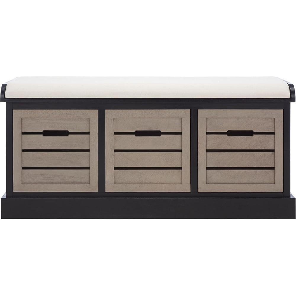image:imageSAFAVIEH Home Collection Briar 3Drawer Upholstered Storage Bench Farmhouse Entryway Accent Bench with Cushion Top Distressed Grey Frame amp Sand Drawer Fronts BCH5700CBlackGreige