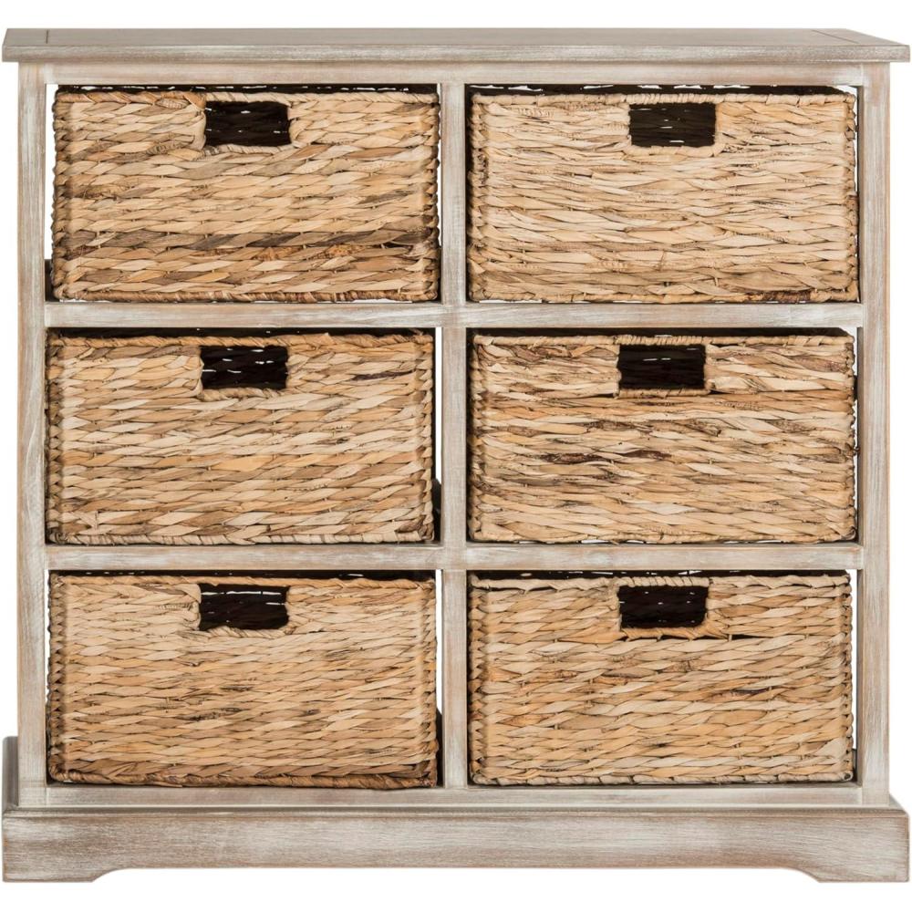 image:imageSAFAVIEH Home Collection Keenan Cherry Storage Chest with Wicker Baskets Farmhouse Accent Storage Cabinet Fully Assembled AMH5740CWhite Washed