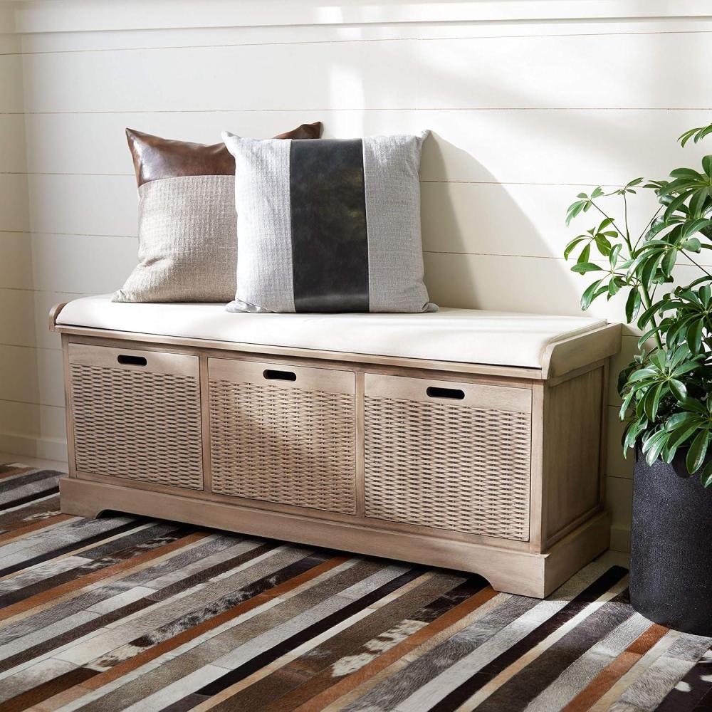 image:imageSAFAVIEH Home Collection Landers Distressed White 3DrawerCushion Storage Bench Fully Assembled BCH5703ASand