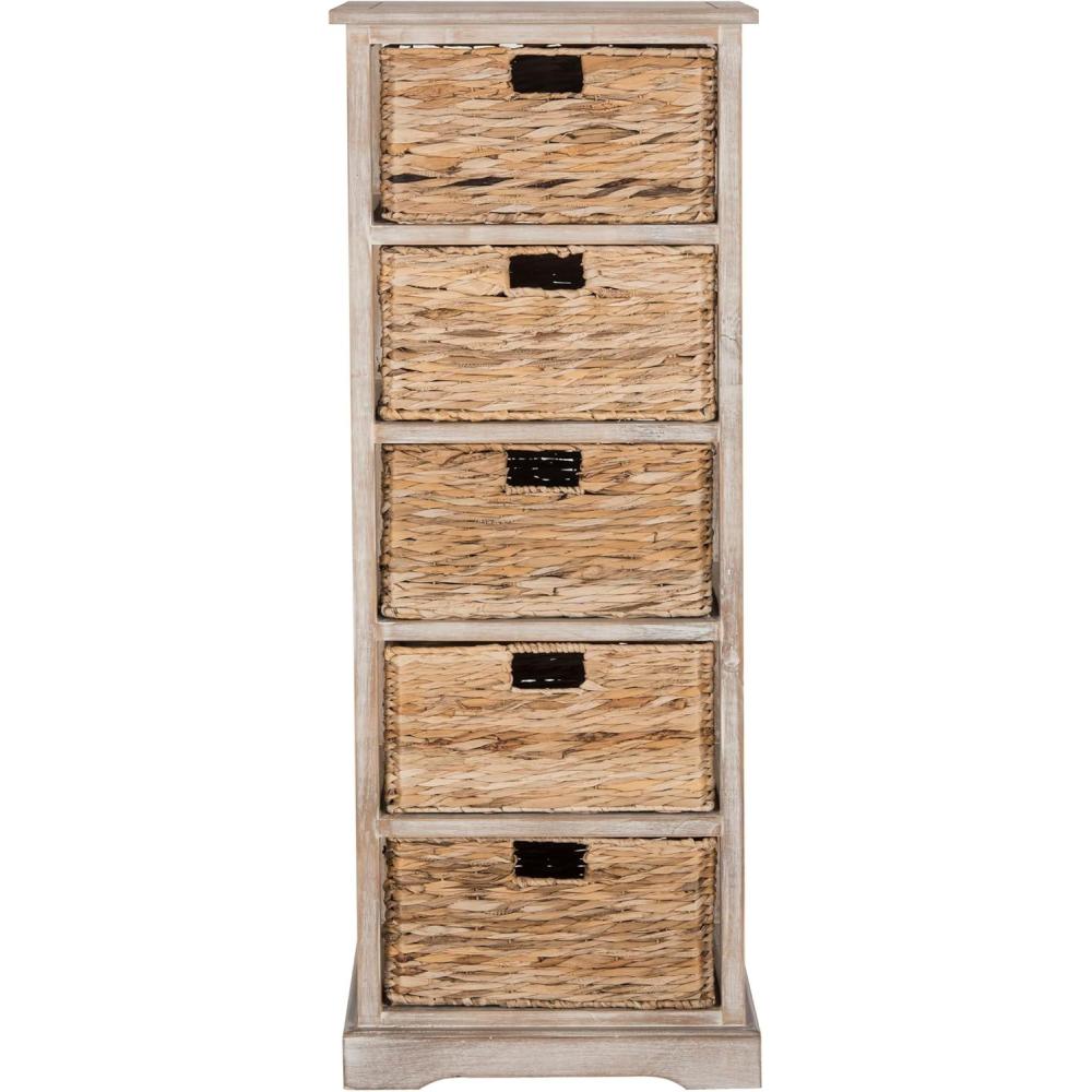 image:imageSAFAVIEH Home Collection Vedette Distressed Black 5Drawer Wicker Basket Storage Tower Fully AssembledWhite Washed