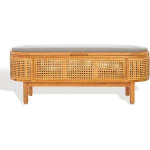 SAFAVIEH Couture Collection Dolly Coastal Natural Cane/Grey Linen Cushion Seat Oval Storage Bench