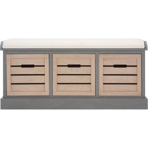 SAFAVIEH Home Collection – Briar 3-Drawer Upholstered Storage Bench, Farmhouse Entryway Accent Bench with Cushion Top, Distressed Grey Frame & Sand Drawer Fronts (BCH5700C)(Distressed Grey/Sand)