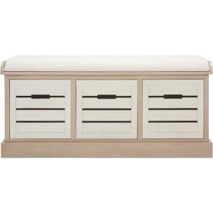 SAFAVIEH Home Collection – Briar 3-Drawer Upholstered Storage Bench, Farmhouse Entryway Accent Bench with Cushion Top, Distressed Grey Frame & Sand Drawer Fronts (BCH5700C)(Sand/Distressed White)