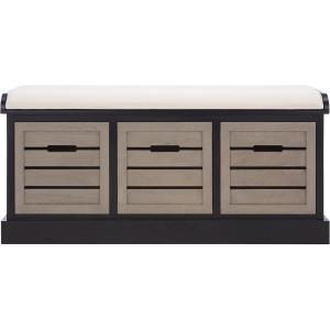 SAFAVIEH Home Collection – Briar 3-Drawer Upholstered Storage Bench, Farmhouse Entryway Accent Bench with Cushion Top, Distressed Grey Frame & Sand Drawer Fronts (BCH5700C)(Black/Greige)