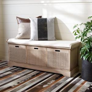 SAFAVIEH Home Collection Landers Distressed White 3-Drawer/Cushion Storage Bench (Fully Assembled) BCH5703A(Sand)