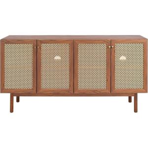 SAFAVIEH Piran TV Stand for up to 70″ Flatscreen – Oak Brown & Gold, 4 Doors with Interior Storage, Entertainment Media Console (MED9611D)(Walnut / Gold)