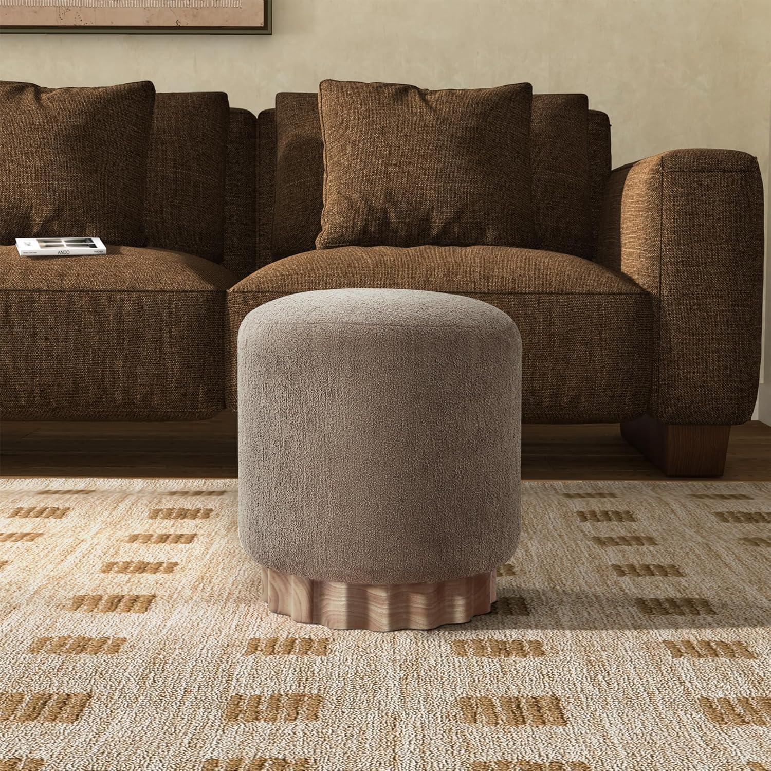 image:imageSAFAVIEH Couture Collection Nikolas Light Brown BoucleNatural Round Foot Stool Ottoman Fully AssembledLight BrownNatural