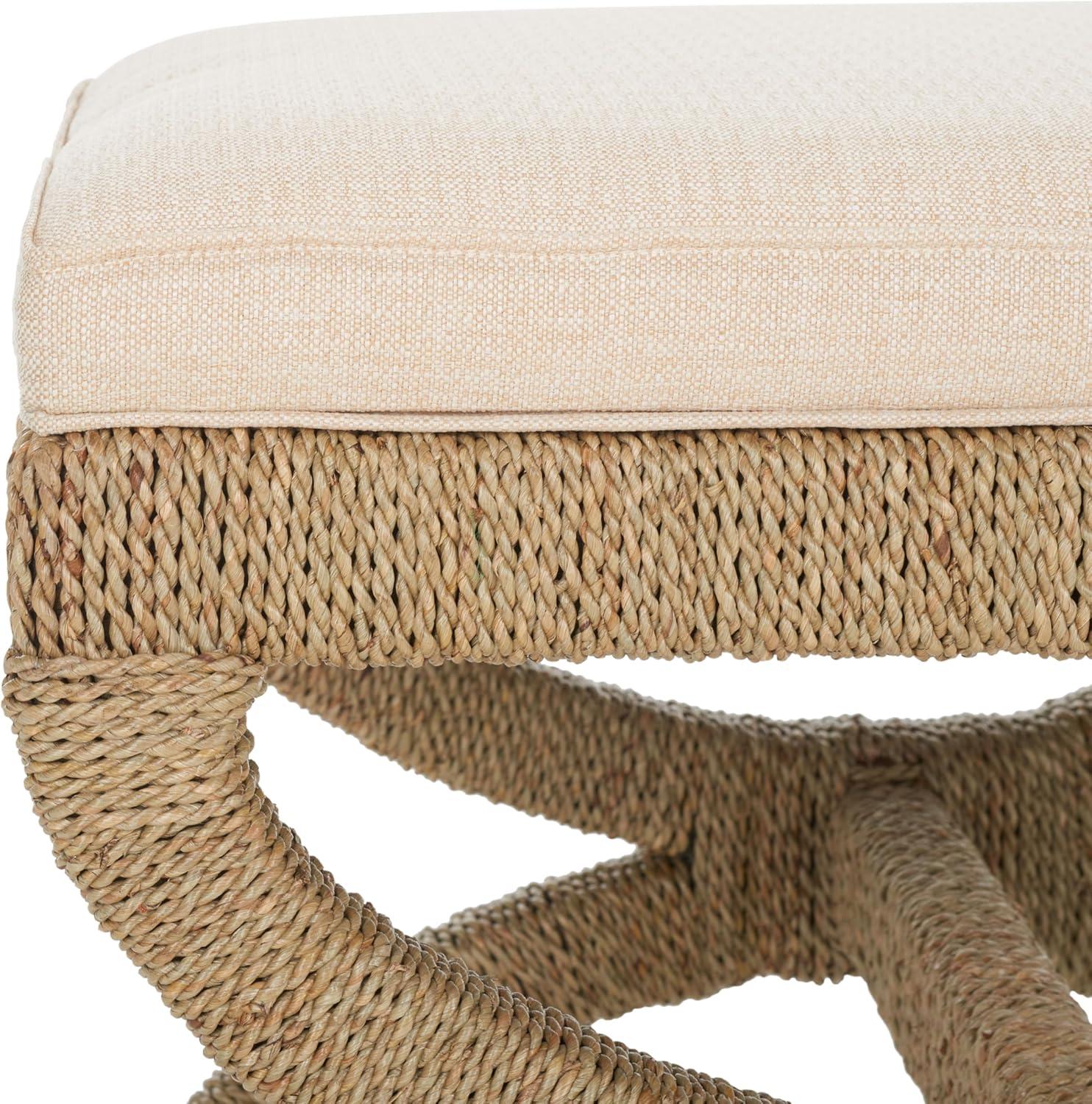 image:imageSAFAVIEH Couture Collection Aikan Coastal NaturalBeige Woven Seagrass Solid Wood Ottoman Foot Stool Fully Assembled