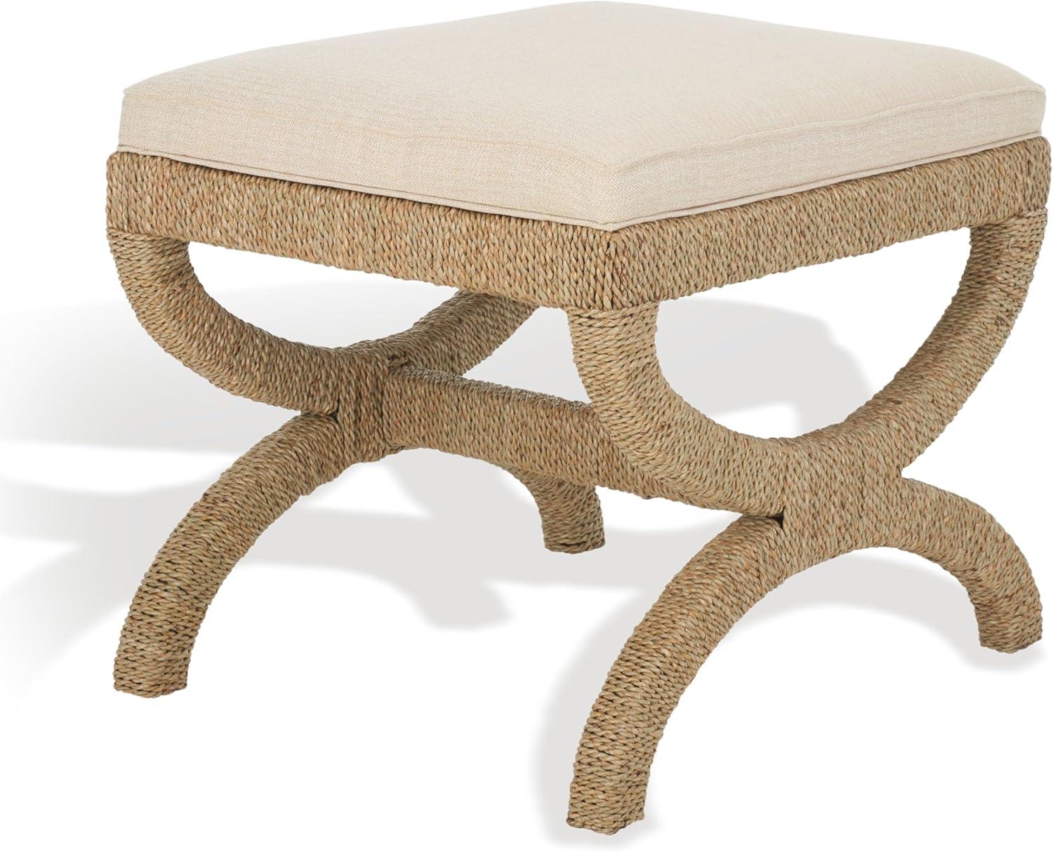 image:imageSAFAVIEH Couture Collection Aikan Coastal NaturalBeige Woven Seagrass Solid Wood Ottoman Foot Stool Fully Assembled